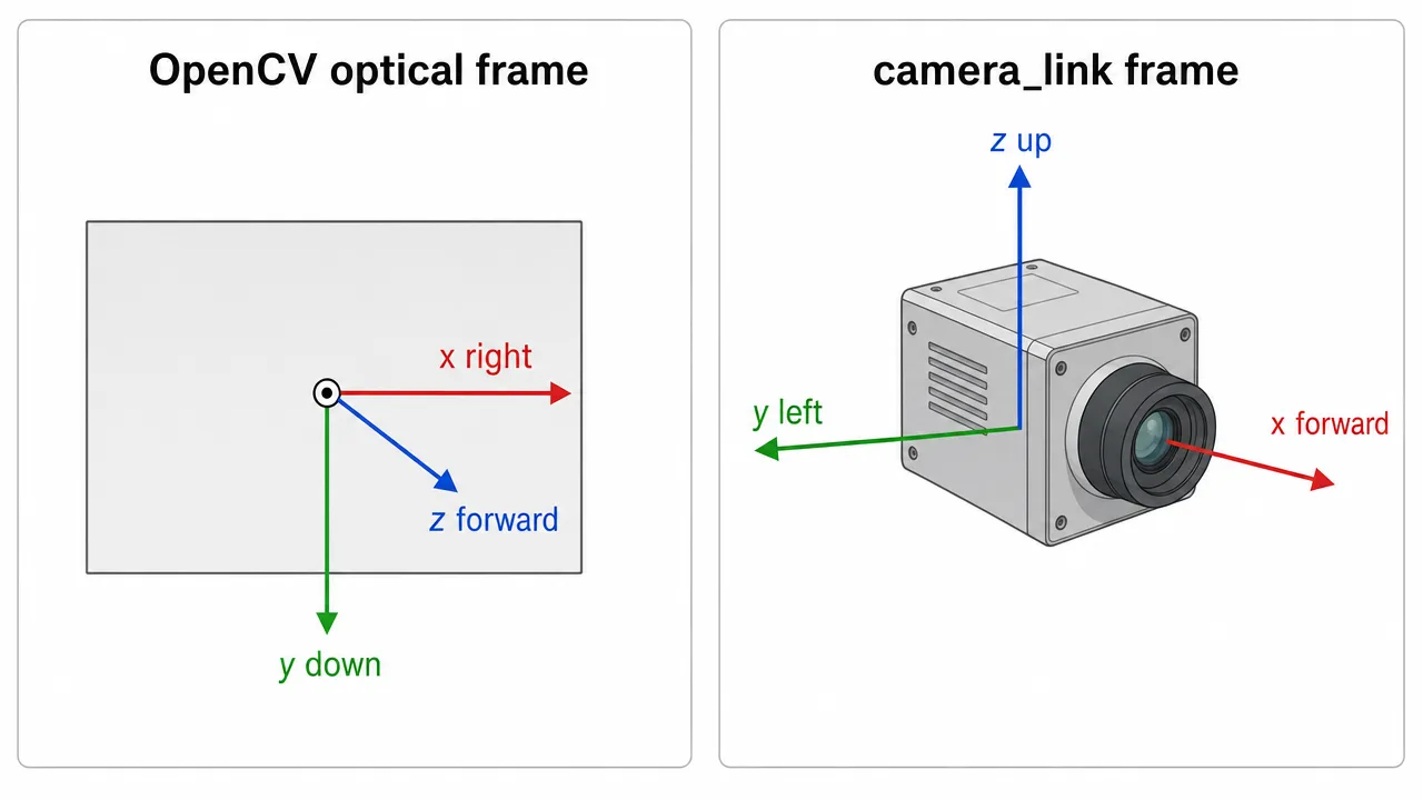 OpenCV optical frame 和 camera_link frame 的轴方向对比